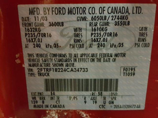 2FTRF18224CA34733 - 2004 FORD F-150 HERI RED photo 10