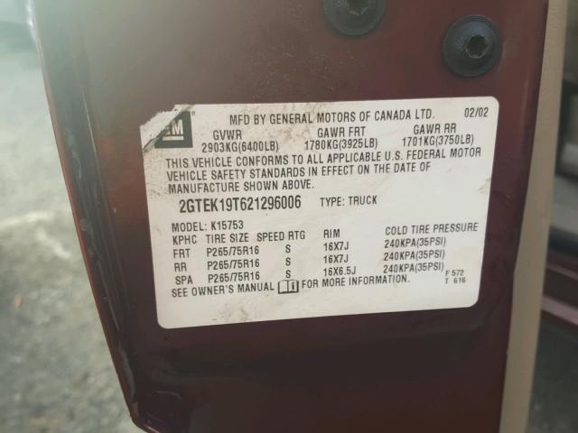 2GTEK19T621296006 - 2002 GMC NEW SIERRA BURGUNDY photo 10