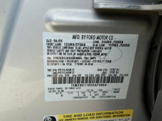 1FMZK01185GA74866 - 2005 FORD FREESTYLE SILVER photo 10