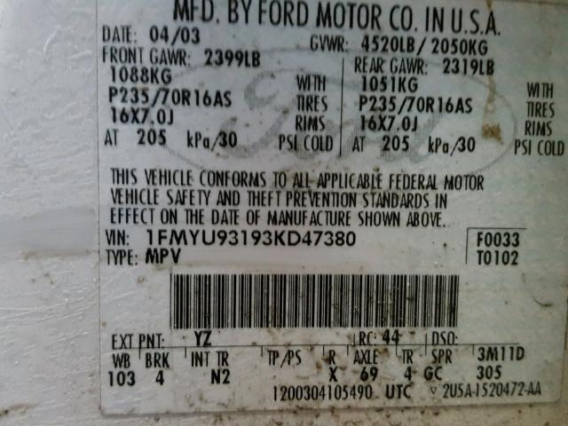 1FMYU93193KD47380 - 2003 FORD ESCAPE XLT WHITE photo 10