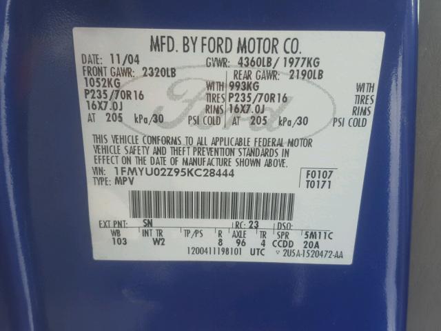 1FMYU02Z95KC28444 - 2005 FORD ESCAPE XLS BLUE photo 10