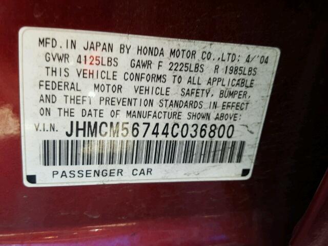 JHMCM56744C036800 - 2004 HONDA ACCORD EX MAROON photo 10