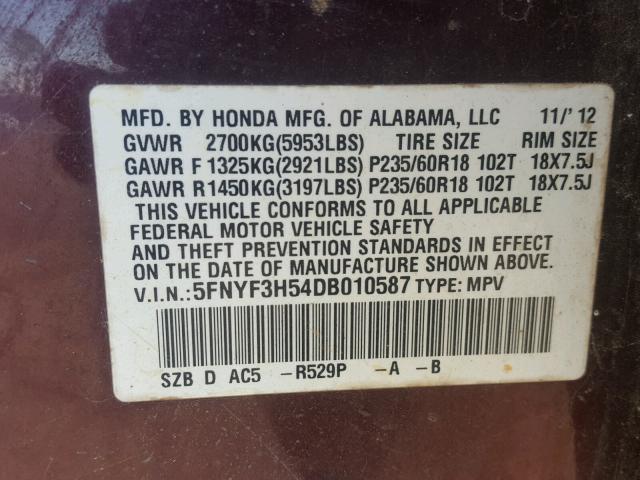 5FNYF3H54DB010587 - 2013 HONDA PILOT EXL MAROON photo 10