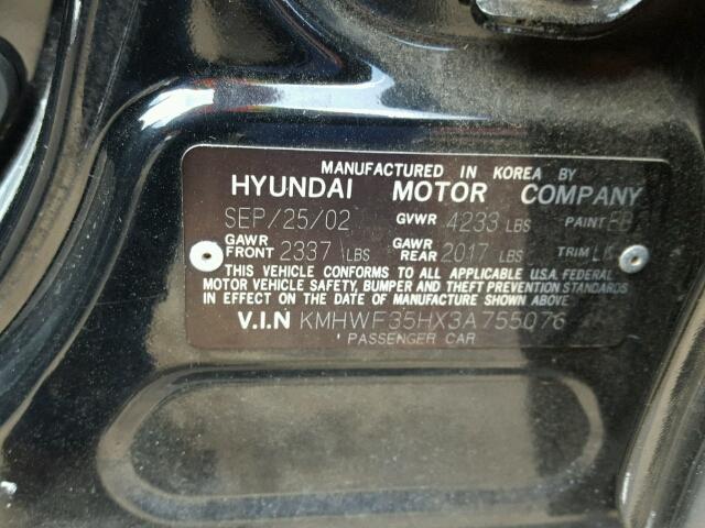 KMHWF35HX3A755076 - 2003 HYUNDAI SONATA GLS BLACK photo 10