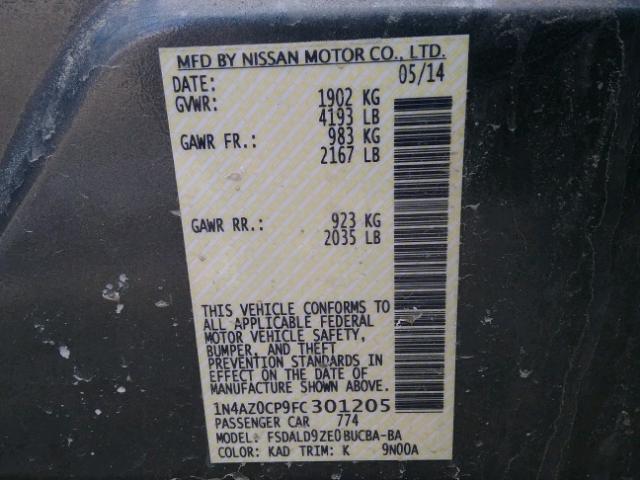 1N4AZ0CP9FC301205 - 2015 NISSAN LEAF S GRAY photo 10