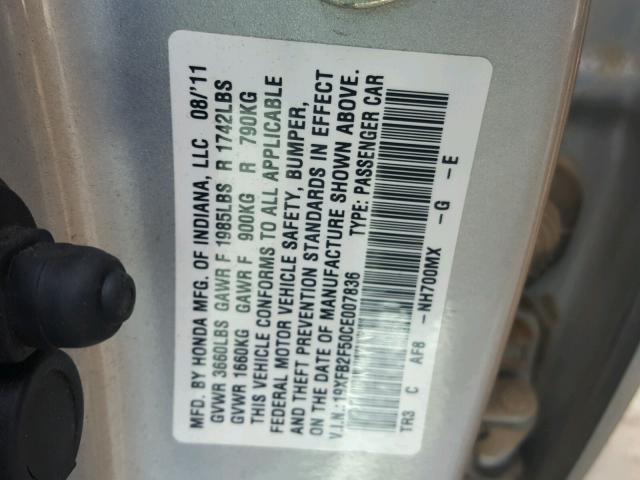 19XFB2F50CE007836 - 2012 HONDA CIVIC LX SILVER photo 10