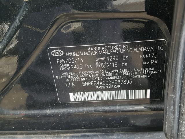 5NPEB4AC0DH687893 - 2013 HYUNDAI SONATA GLS BLACK photo 10