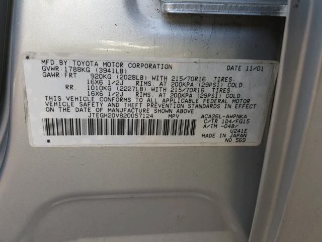 JTEGH20V820057124 - 2002 TOYOTA RAV4 SILVER photo 10