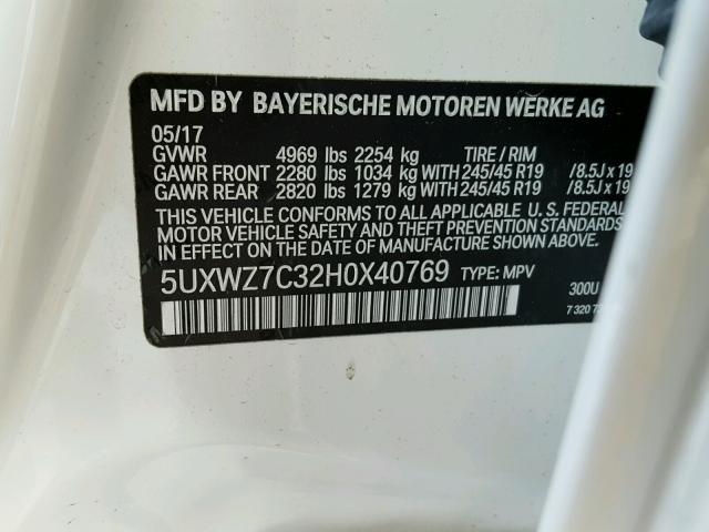 5UXWZ7C32H0X40769 - 2017 BMW X3 SDRIVE2 WHITE photo 10