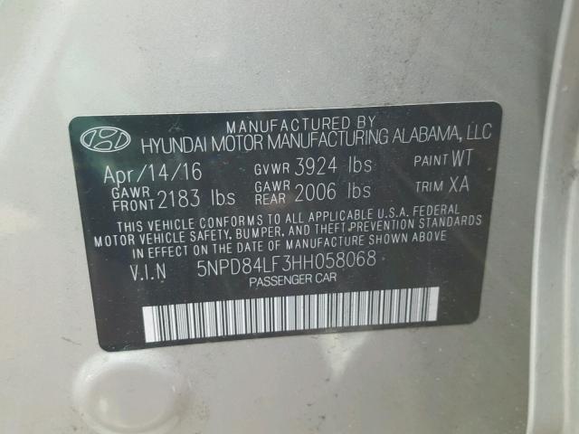 5NPD84LF3HH058068 - 2017 HYUNDAI ELANTRA SE SILVER photo 10