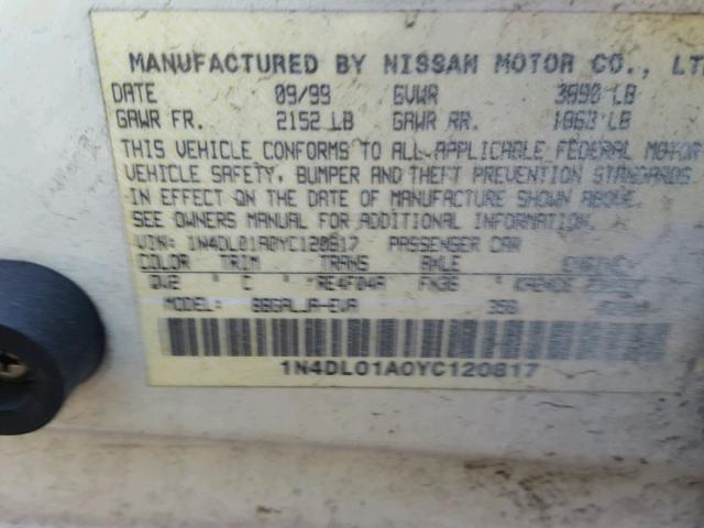 1N4DL01A0YC120817 - 2000 NISSAN ALTIMA XE WHITE photo 10