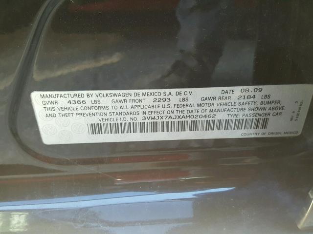 3VWJX7AJXAM020462 - 2010 VOLKSWAGEN JETTA S 黑色 照片 10