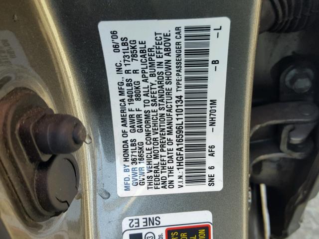 1HGFA16596L110134 - 2006 HONDA CIVIC LX GRAY photo 10