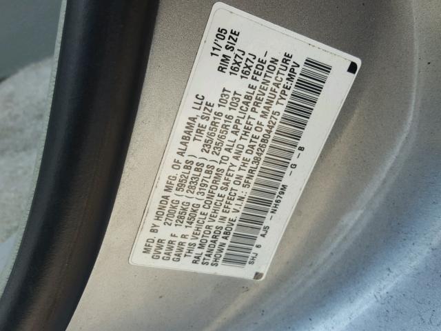 5FNRL38426B044275 - 2006 HONDA ODYSSEY EX SILVER photo 10