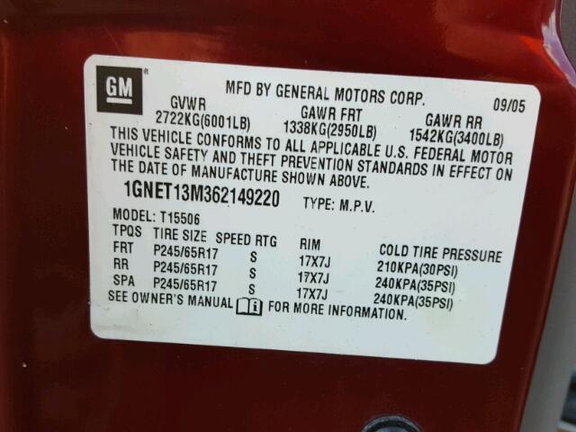 1GNET13M362149220 - 2006 CHEVROLET TRAILBLAZE RED photo 10