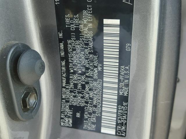 5TDZA23C65S259523 - 2005 TOYOTA SIENNA CE GRAY photo 10