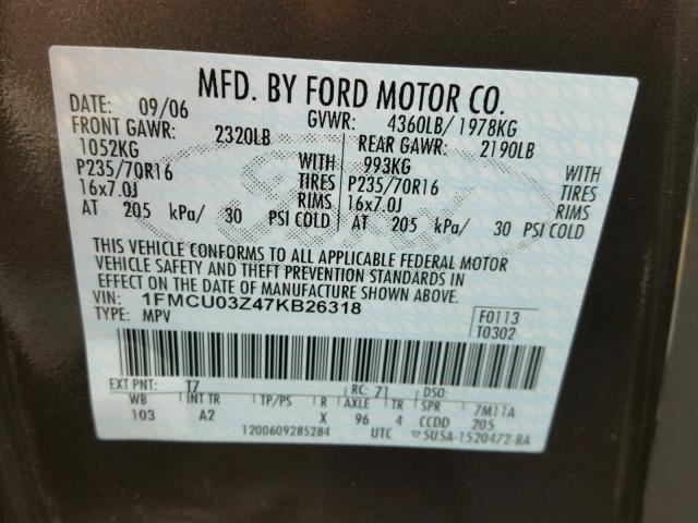 1FMCU03Z47KB26318 - 2007 FORD ESCAPE XLT GRAY photo 10