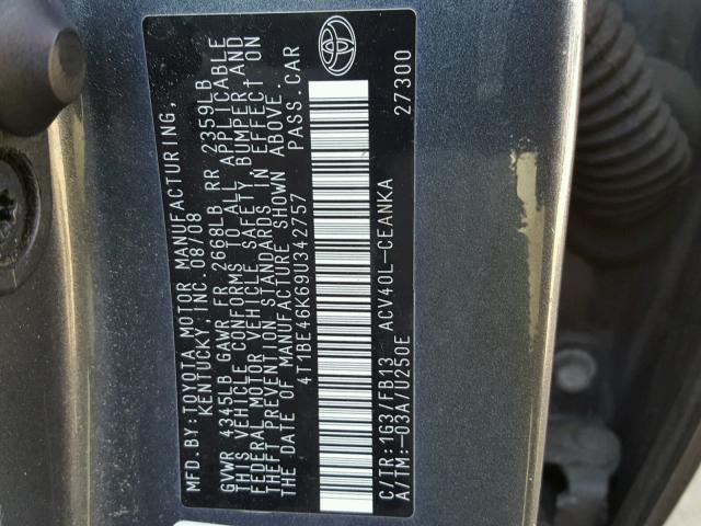 4T1BE46K69U342757 - 2009 TOYOTA CAMRY BASE CHARCOAL photo 10