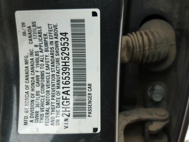 2HGFA16539H529534 - 2009 HONDA CIVIC LX GRAY photo 10