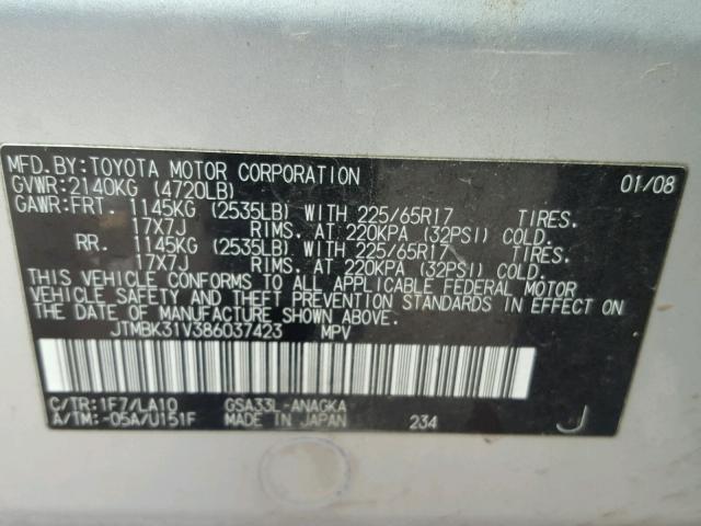 JTMBK31V386037423 - 2008 TOYOTA RAV4 LIMIT SILVER photo 10