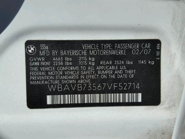 WBAVB73567VF52714 - 2007 BMW 335 WHITE photo 10