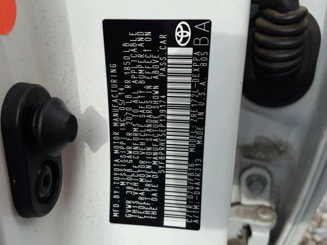 5YFBPRHE5EP139174 - 2014 TOYOTA COROLLA EC 白色 照片 10