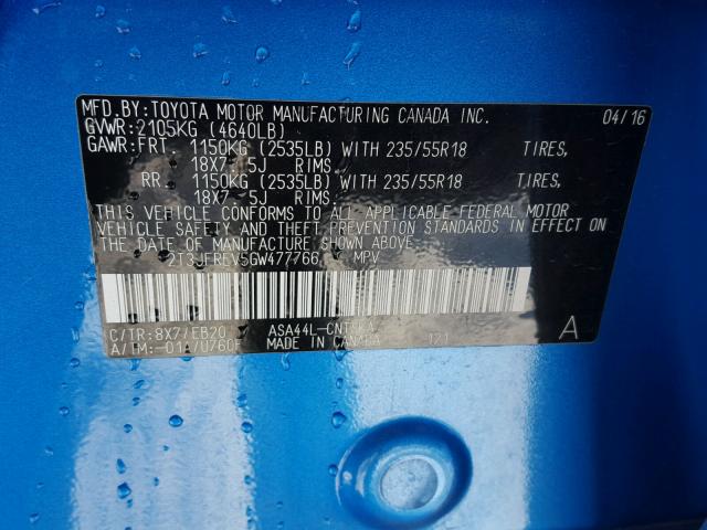 2T3JFREV5GW477766 - 2016 TOYOTA RAV4 SE BLUE photo 10