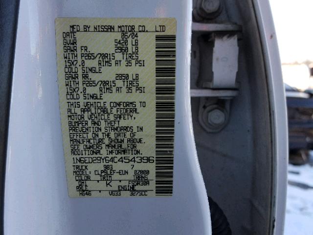 1N6ED29Y64C454396 - 2004 NISSAN FRONTIER C WHITE photo 10