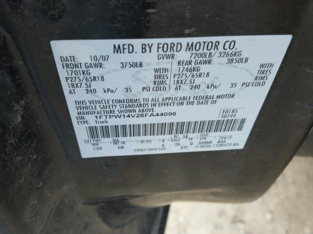 1FTPW14V28FA44096 - 2008 FORD F150 SUPER BLACK photo 10