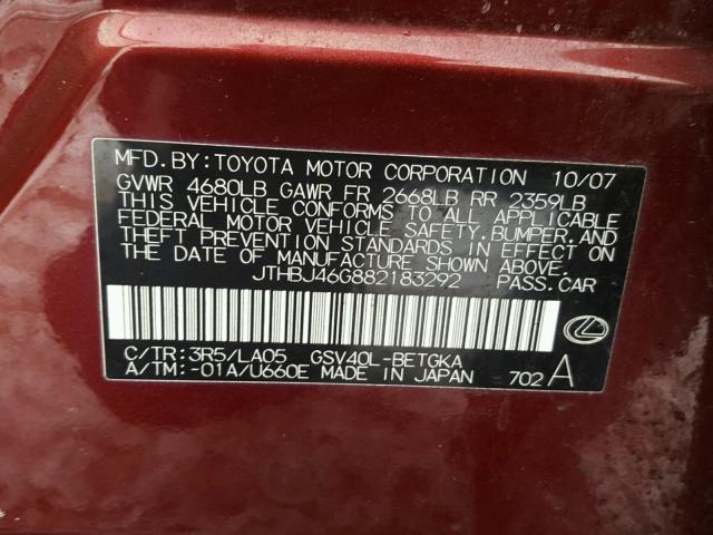 JTHBJ46G882183292 - 2008 LEXUS ES 350 RED photo 10