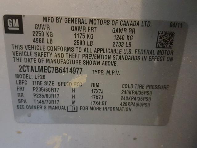 2CTALMEC7B6414977 - 2011 GMC TERRAIN SL SILVER photo 10