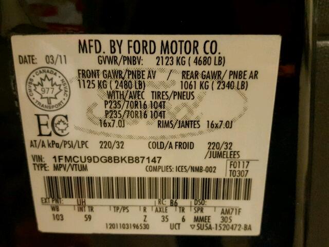 1FMCU9DG8BKB87147 - 2011 FORD ESCAPE XLT BLACK photo 10