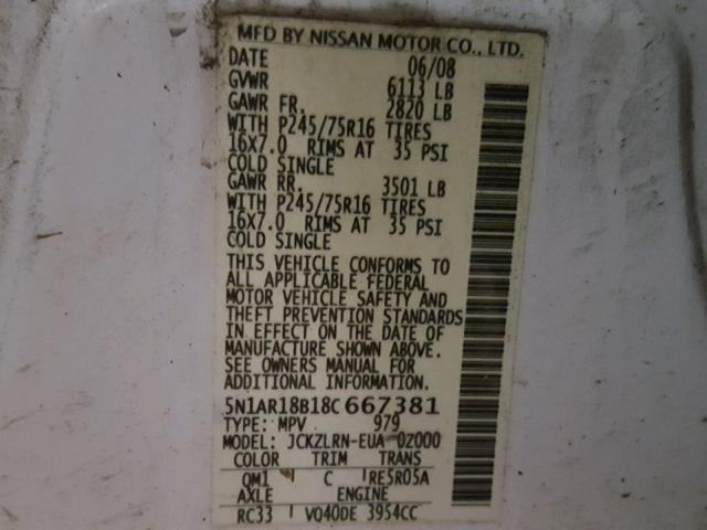 5N1AR18B18C667381 - 2008 NISSAN PATHFINDER WHITE photo 10