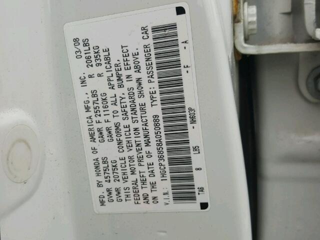 1HGCP36858A050889 - 2008 HONDA ACCORD EXL WHITE photo 10