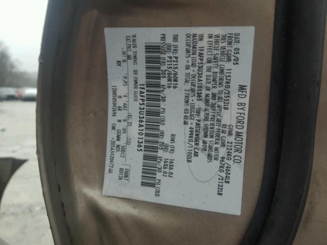 1FAFP53U36A101365 - 2006 FORD TAURUS SE GOLD photo 10