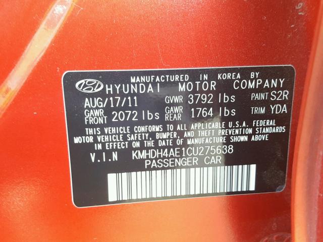 KMHDH4AE1CU275638 - 2012 HYUNDAI ELANTRA GL RED photo 10