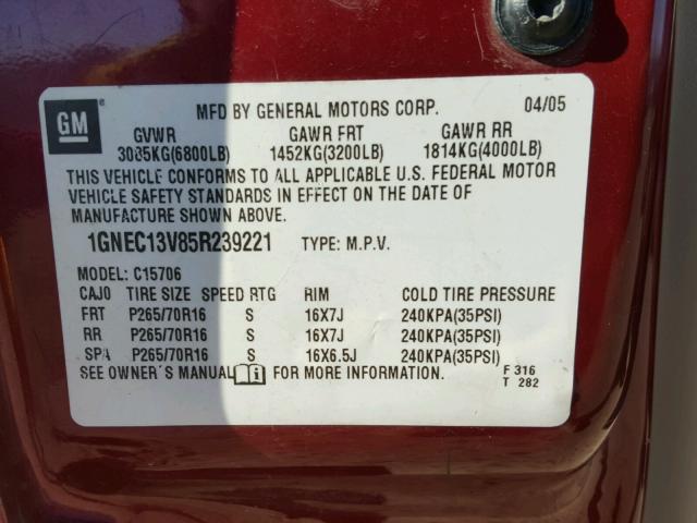 1GNEC13V85R239221 - 2005 CHEVROLET TAHOE C150 MAROON photo 10