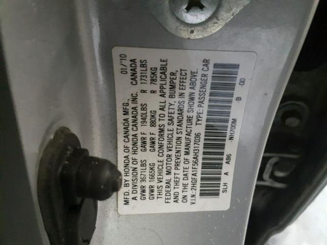 2HGFA1F56AH317036 - 2010 HONDA CIVIC LX SILVER photo 10