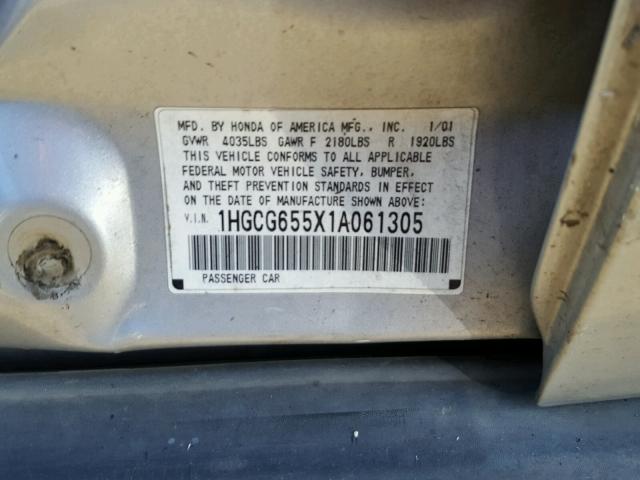 1HGCG655X1A061305 - 2001 HONDA ACCORD LX SILVER photo 10