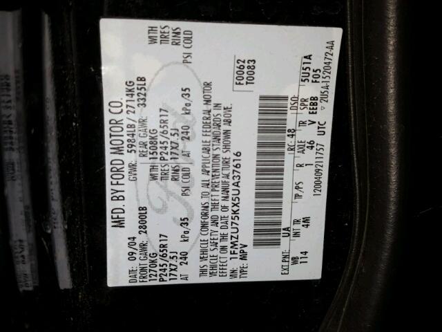 1FMZU75KX5UA37616 - 2005 FORD EXPLORER L BLACK photo 10