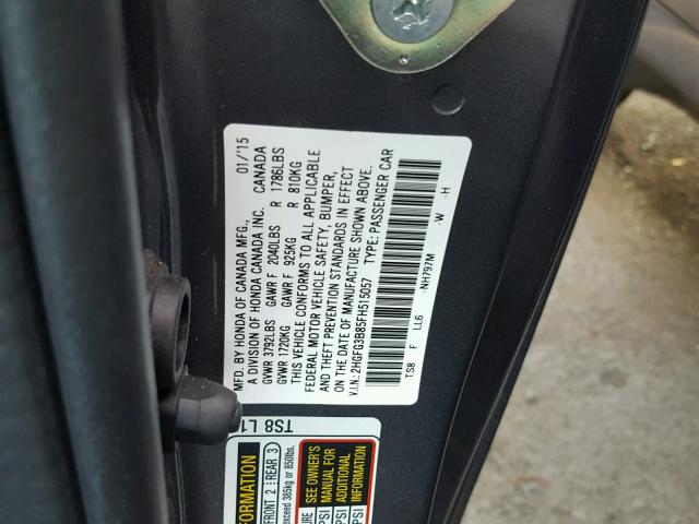 2HGFG3B85FH515057 - 2015 HONDA CIVIC EX გრაფიტი ფოტო 10