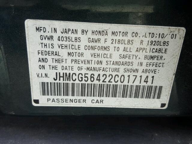 JHMCG56422C017141 - 2002 HONDA ACCORD LX GREEN photo 10