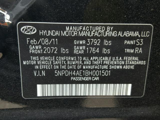 5NPDH4AE1BH001501 - 2011 HYUNDAI ELANTRA GL BLACK photo 10