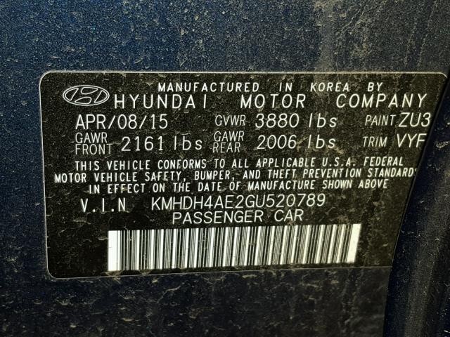 KMHDH4AE2GU520789 - 2016 HYUNDAI ELANTRA SE BLUE photo 10