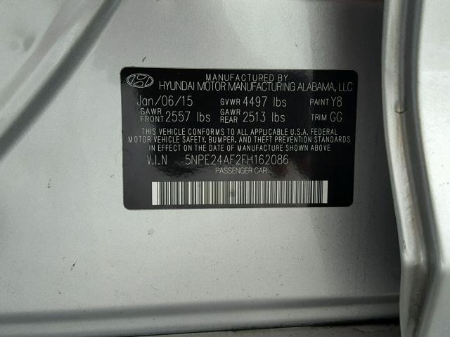 5NPE24AF2FH162086 - 2015 HYUNDAI SONATA SE SILVER photo 10