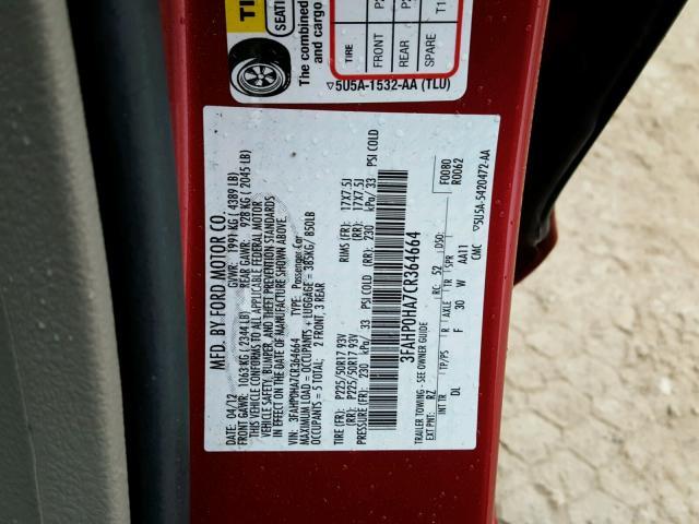 3FAHP0HA7CR364664 - 2012 FORD FUSION SE RED photo 10