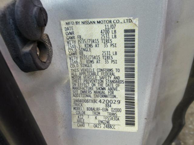 1N6BD06TX8C420029 - 2008 NISSAN FRONTIER K SILVER photo 10