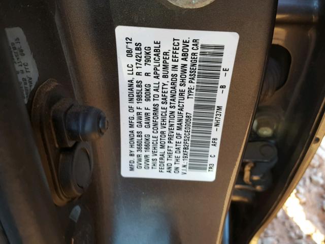 19XFB2F52CE090587 - 2012 HONDA CIVIC LX CHARCOAL photo 10