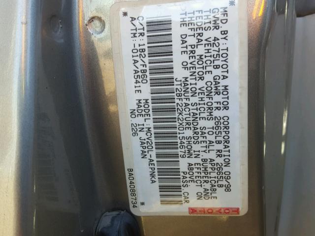 JT2BF22K2X0154679 - 1999 TOYOTA CAMRY LE GOLD photo 10