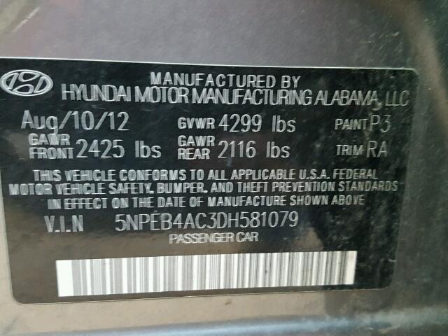 5NPEB4AC3DH581079 - 2013 HYUNDAI SONATA GLS GRAY photo 10